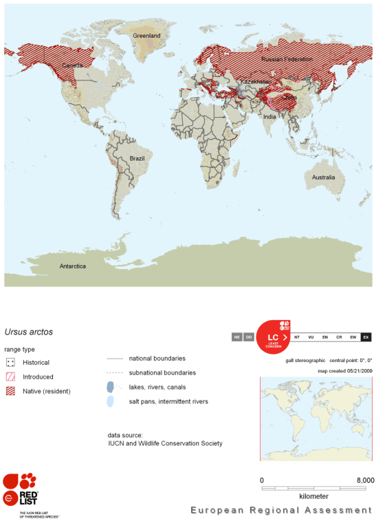 Brown bear range map obtained at IUCN.